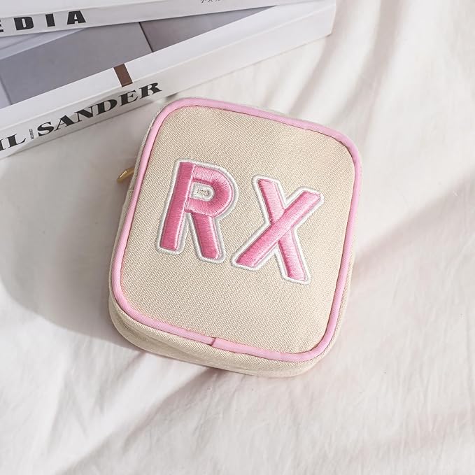 Small Canvas Rx Medicine Packages, Cute Chenille Letter Patch Drug Makeup Bag with Metal Zipper, Mini Travel First Aid Purse Organizer Machine Washable (04Light-Pink)