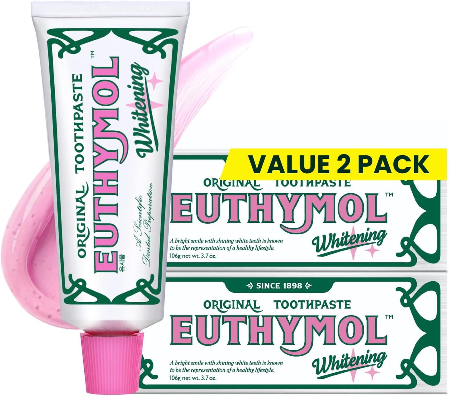 EUTHYMOL Whitening Toothpaste (3.7fl oz*2, Pack of 2) - Stain Removal in 2 Weeks, Long-Lasting Freshness for Sensitive Gum & Teeth. Bad Breath, Cavity Prevention. Recyclable Aluminum Tube
