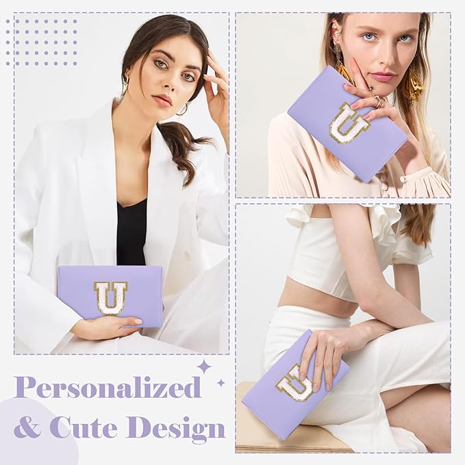 Personalized Makeup Bag Initial A-Z Preppy Patch Bag,Small PU Leather Travel Cosmetic Bag Pouch with Zipper,Purple Cute Toiletry Bag,Gift Ideal for Teen Girls Women Birthday Friend Mom,Latter U