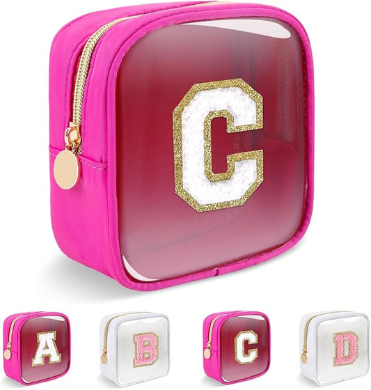 Personalized Initial Letter Clear Preppy Makeup Bag,Mini Nylon Chenille Letter Cosmetic Bag Cute Zipper Pouch Coin Purse for Teen Girls,Portable TSA Approved Travel Essentials Bag Gift for Women,C