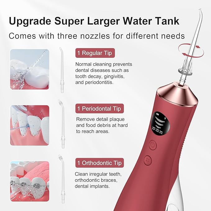 Water Dental Flosser for Teeth, Portable Cordless Water Flosser with 300ML Rechargeable with Type-C, IPX7 Waterproof Water Flossers for Adults with 3 Intensity Modes and 3 Flossing Tips Bordeaux