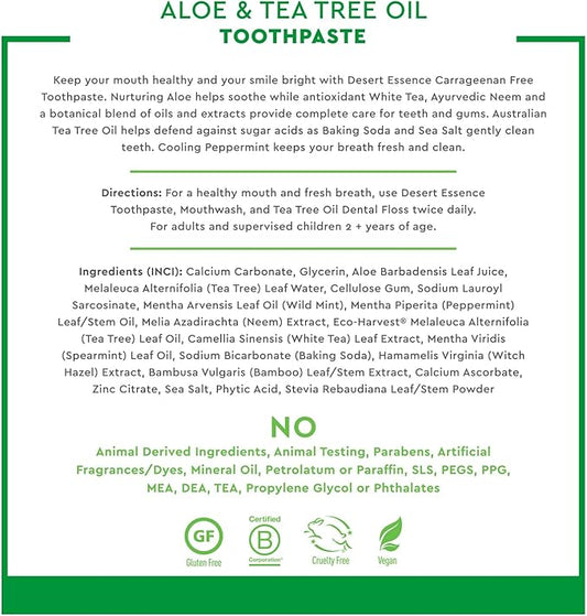 Desert Essence Aloe & Tea Tree Oil Toothpaste - Peppermint - Ideal For Sensitive Teeth & Gums - Complete Oral Care - Aloe - Tea Tree Oil - Baking Soda - Refreshes Breathe - Carrageenan Free
