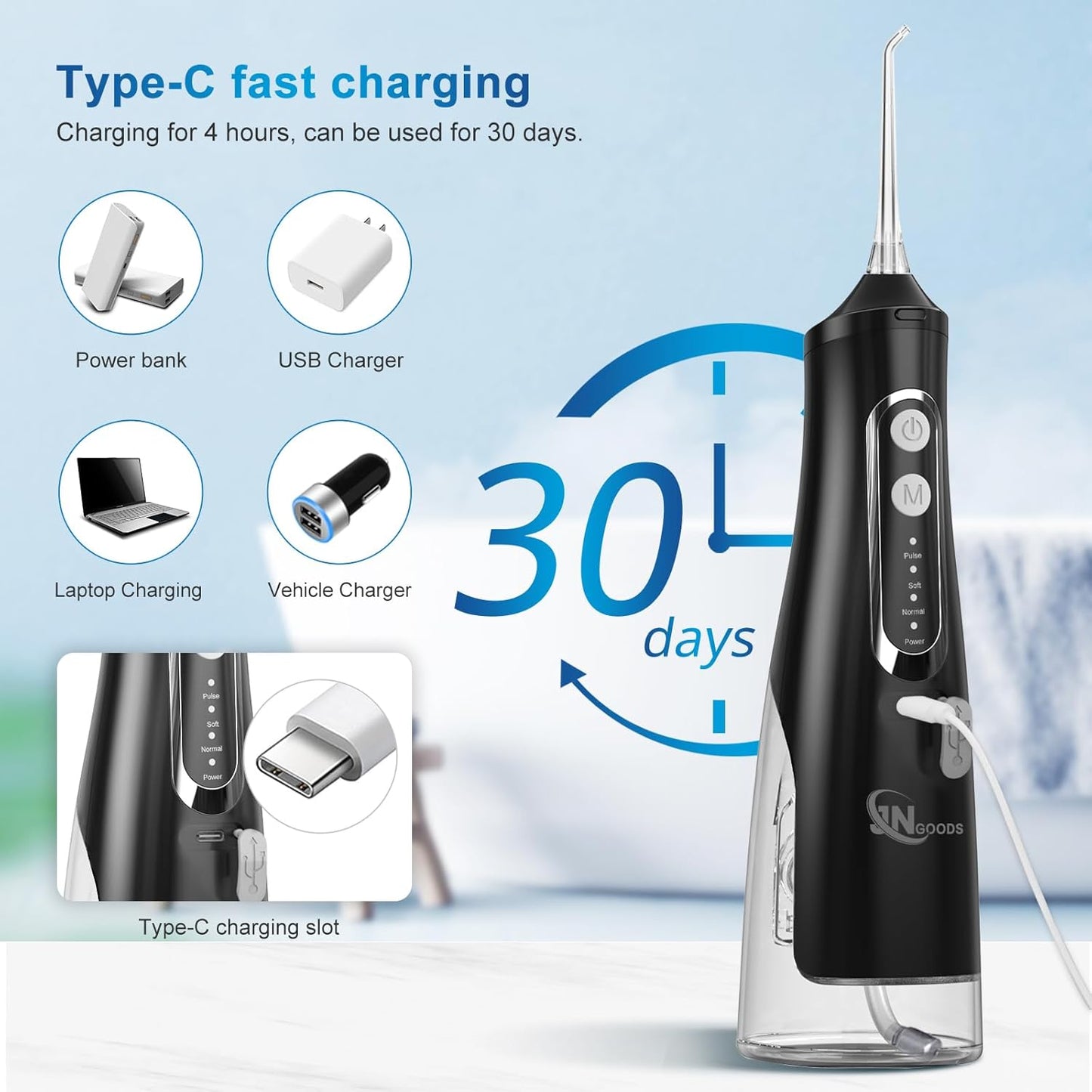 Cordless Water Dental Flosser Oral irrigator,JNGOODS 310ml Rechargeable Water flosser for Teeth IPX7 Waterproof 4 Modes Portable Irrigate with 4 Jet Tips,Travel Home use (Black)