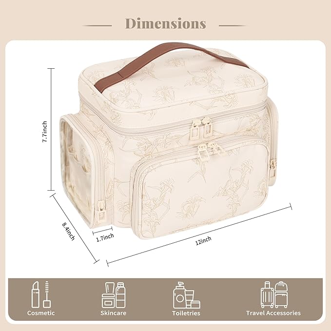 Large Makeup Bag, Portable Travel Makeup Bag Organizer for Women Girls with Makeup Brush Compartment & Two Side Pockets, Cosmetic Travel Bag Vertical Storage Toiletry - Beige