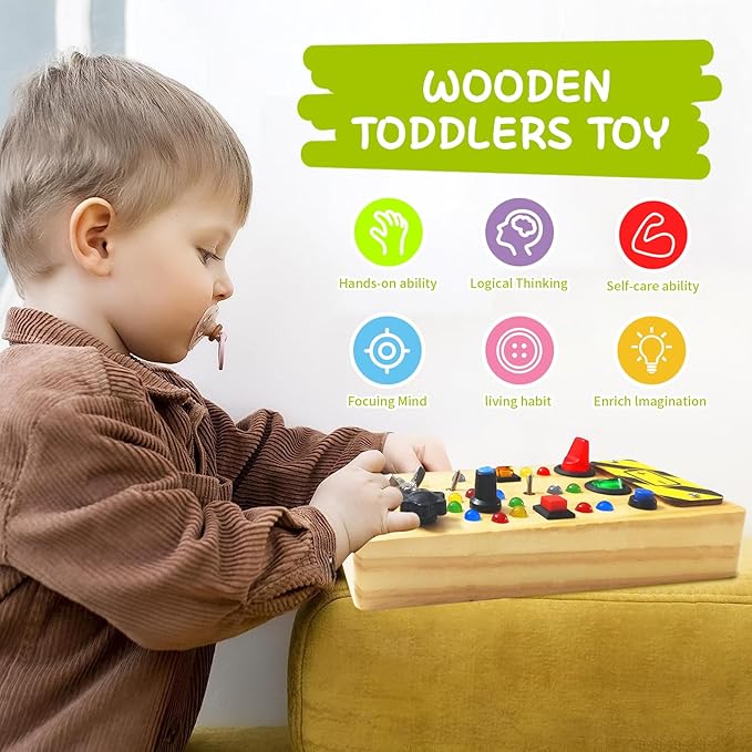 TenFans Montessori Busy Board with 8 LED Light Modes - Sensory Toys for 3-5 Year Olds & Airplane Travel, Wooden Activity Board Develops Fine Motor Skills