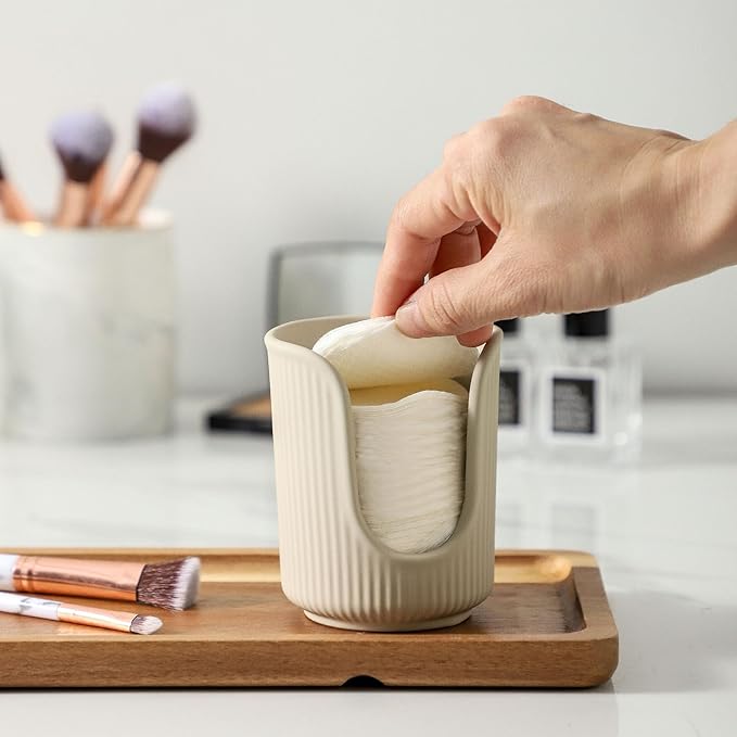 Ceramic Bathroom Cup Dispenser with Stylish Vertical Stripes - Disposable Mouthwash Cup Holder Holds 3-4oz Paper Cups for Rinsing Cups on Bathroom Vanity Countertops (Matte Beige)