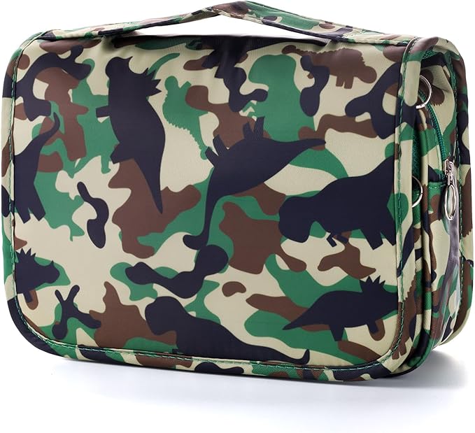 Kids Hanging Toiletry Bag for Boys, Travel Toiletry Bag for Little Young Boys Waterproof Wash Bag Toddler Traveling Toiletries, Dinosaur Camo