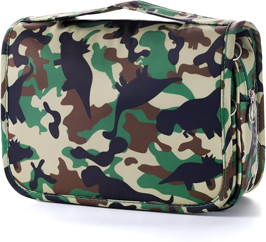 Kids Hanging Toiletry Bag for Boys, Travel Toiletry Bag for Little Young Boys Waterproof Wash Bag Toddler Traveling Toiletries, Dinosaur Camo