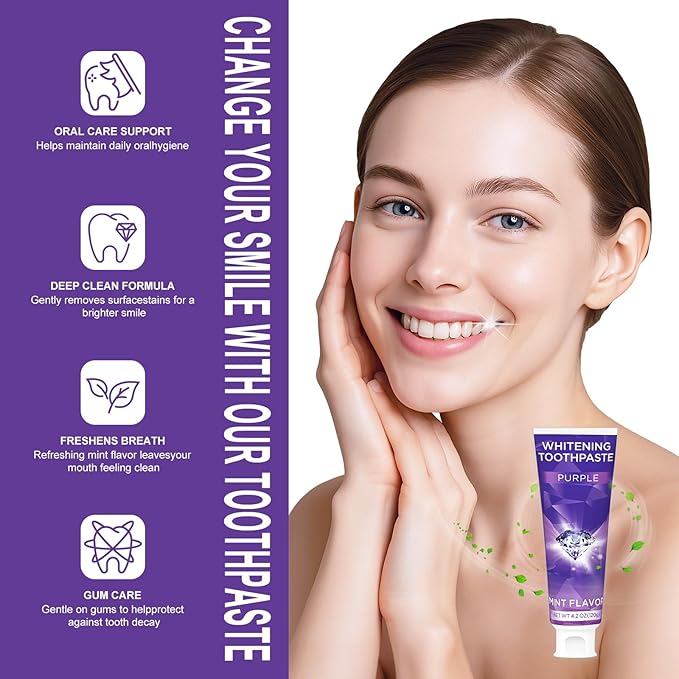 Purple Toothpaste for Teeth Whitening, Teeth Whitening Toothpaste, Tooth Stain Removal, Tooth Stain Removal Colour Corrector