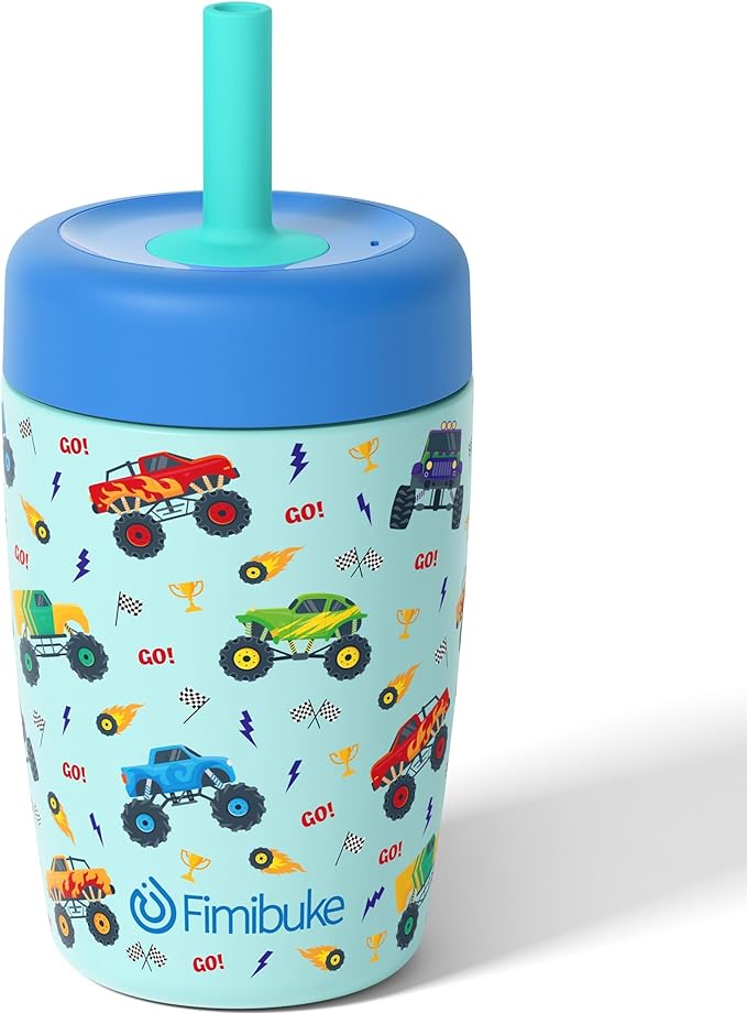 Fimibuke Kids & Toddler Cups Spill Proof, 12 OZ Insulated Sippy Cups for Toddlers Boys Girls, BPA-Free Toddler Straw Tumbler, Stainless Steel Kids Water Bottle with Twist Lids & Silicone Straw, 1 Pack