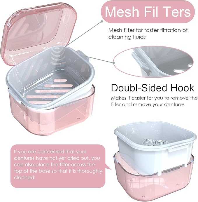 ARGOMAX Denture Case, Denture Cup for Soaking Dentures(Not Leak-Proof), Thorough Cleaning of Dentures, Retainer, Mouthguards, Clear Braces (Pink).