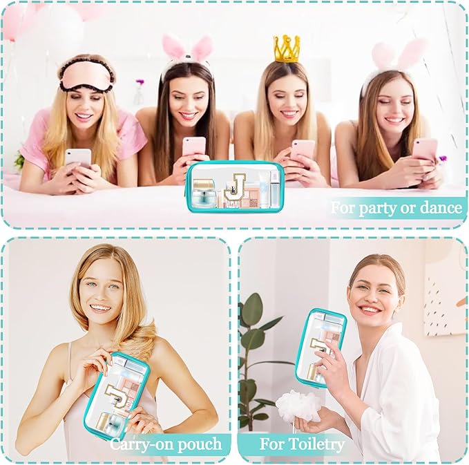 Small Clear Personalized Initial Makeup Bag,Nylon Preppy A-Z Chenille Letter Patch Cosmetic Pouch Beach Toiletry Bag,Waterproof Zipper Travel Purse Storage Bag Organizer for Women Girls(Cyan-White J)