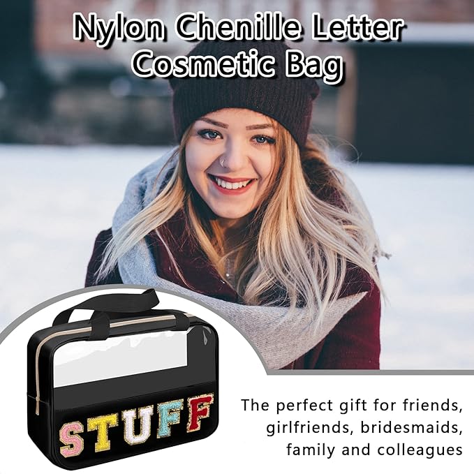 Chenille Letter Patch Stuff Bag, Preppy Clear Makeup Cosmetic Bag Large Toiletry Storage Tote Bag with Handle, Transparent Nylon Waterproof Organizer Zipper Pouch for Travel Women Girls(Black)