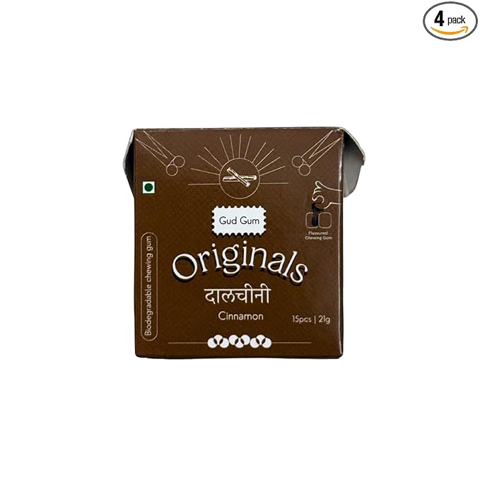 Gud Gum- Natural, Plastic Free Chewing Gum- Clove, Cardamom, Fennel, Cinnamon- 21g x 4 - Mini Pack of 4- No added artificial colours, flavours & sweeteners (Pack of 4, Cinnamon)