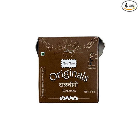 Gud Gum- Natural, Plastic Free Chewing Gum- Clove, Cardamom, Fennel, Cinnamon- 21g x 4 - Mini Pack of 4- No added artificial colours, flavours & sweeteners (Pack of 4, Cinnamon)