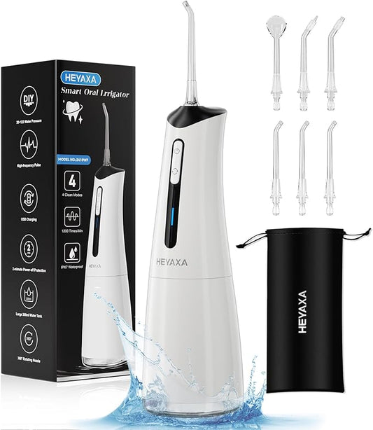 Water Dental Flosser Pick for Teeth, Portable Cordless Oral Irrigator with 4 Pressure Modes, 300ML Water Tank, IPX7 Waterproof, 6 Jet Tips, Storage Bag for Gums, Braces(White)