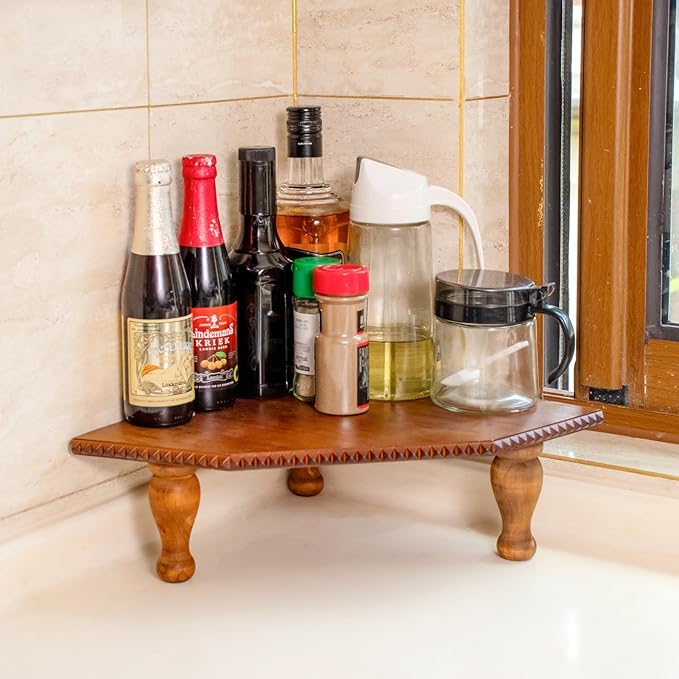 Wood Corner Counter Shelf Framehouse Decorative Tray Stand for Kitchen Bathroom Riser Organizer Coffee Bar Display Shelf with Detachable Legs (Darkbrown)