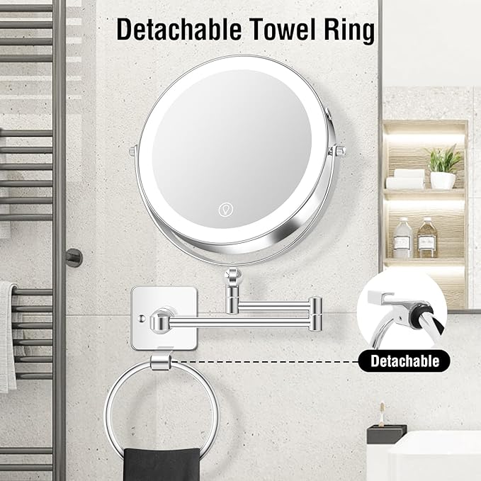 10x Large Wall Mounted Makeup Mirrror, Height Adjustable Lighted Mirror, 8" Double Sided Mirror, 1X/10X Magnifying Bathroom Mirror, 360° Rotation Adjustable, Detachable Ring, 3 Color Lights