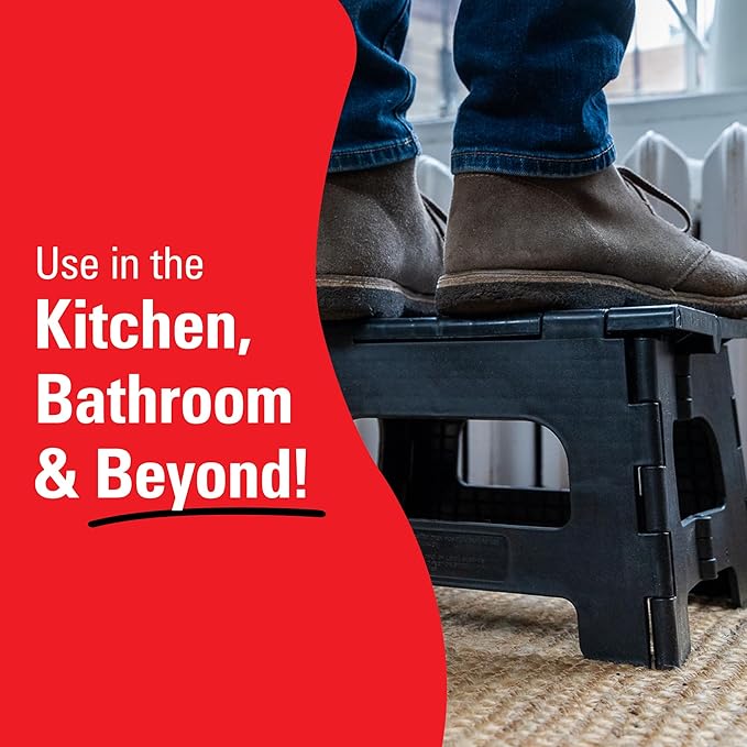 Kikkerland Rhino Foldable Step Stool – Holds Adults up to 300 Lbs, Best for Kitchen & Bathroom – Collapsible, Portable, Lightweight Stepping Stool with Sturdy, Non-Slip Design – Black, 8”