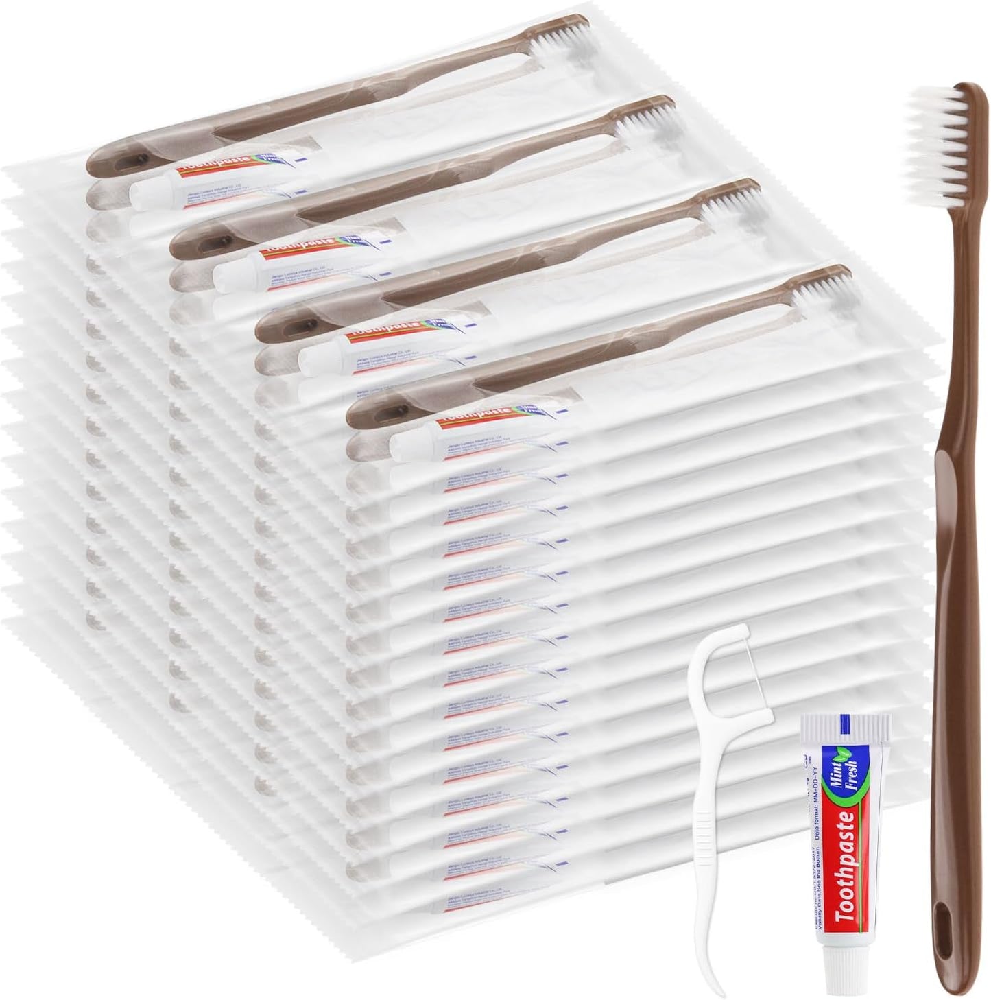 Disposable Toothbrushes with Toothpaste, Travel Toothbrush Kit, Individually Packaged, Brown, with Floss Picks, Suitable for Hotel, Home, Camping, Travel (100-PACK)