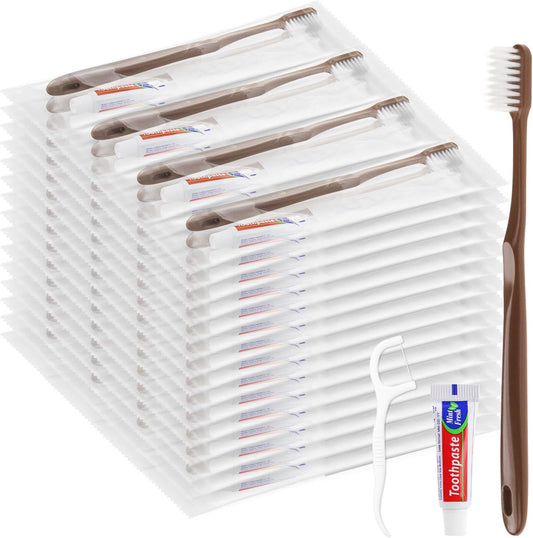 Disposable Toothbrushes with Toothpaste, Travel Toothbrush Kit, Individually Packaged, Brown, with Floss Picks, Suitable for Hotel, Home, Camping, Travel (200-PACK)