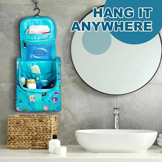 Cute Cartoon Hanging Kids Toiletry Bag Children Travel Cosmetic Makeup Organizer Wash Bag Shower bag Over Night Bag Camping Shaving Kit Bag for Boys & Girls (Mermaid)