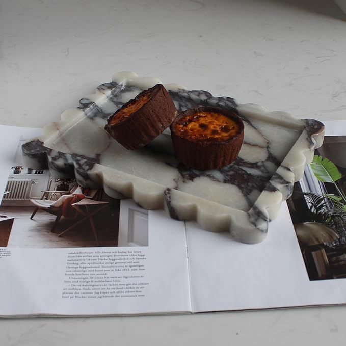 Natural Luxury Scalloped Marble Tray 10.8"x8", Rectangle Vanity Tray for Bathroom Kitchen Counter, Decorative Tray for Dresser Home Decor - Calacatta Purple