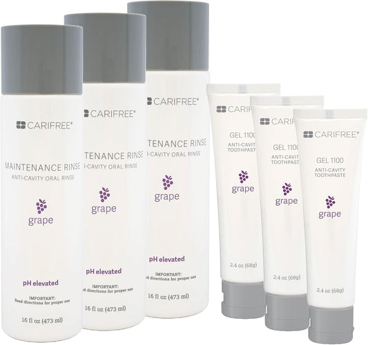 CariFree Maintenance & Prevention Kit, Grape | Anti-Cavity Fluoride Toothpaste & Mouthwash Freshens Breath and Moistens Mouth | Dentist Recommended for Oral Care (3-Month Supply)