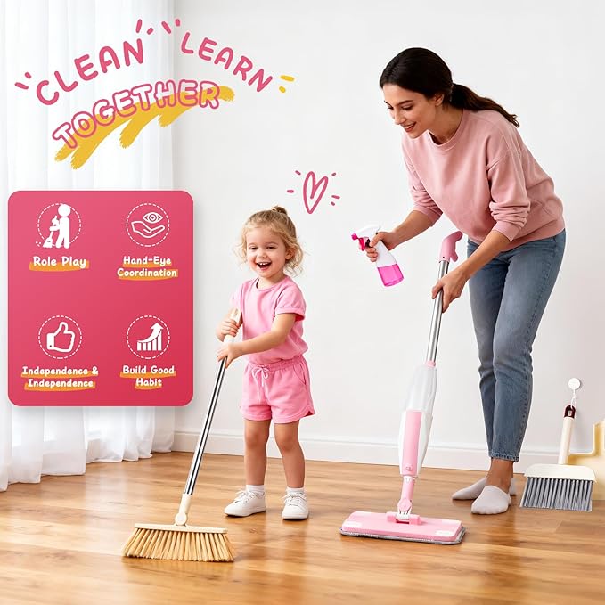 Toddler Gifts Cleaning Toy Sets, Real Working Water-Spraying Mop Toy & Kids Broom Dustpan Set, Montessori Mini Kids Spray Mop, Toddler Cleaning Set for Floor, Christmas Birthday Gifts for Age 3+
