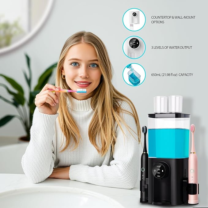 J.C&T Mouthwash Dispenser for Bathroom, 650ML(22 Fl Oz) Smart Mouthwash Dispensers Toothbrush Holders Wall Mounted,Wall Mounted/Countertop Automatic Mouthwash Dispenser for All Age Groups,Black