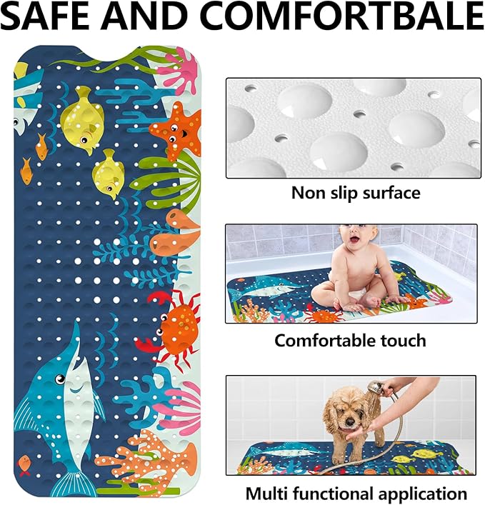 LNOND Bath Mat for Tub for Kids, Ocean Sharks Bathtub Mat, Kids Bath Mats for Bathroom Non Slip with Drain Holes and Suction Cups,Machine Washable (40 X 16 Inch)