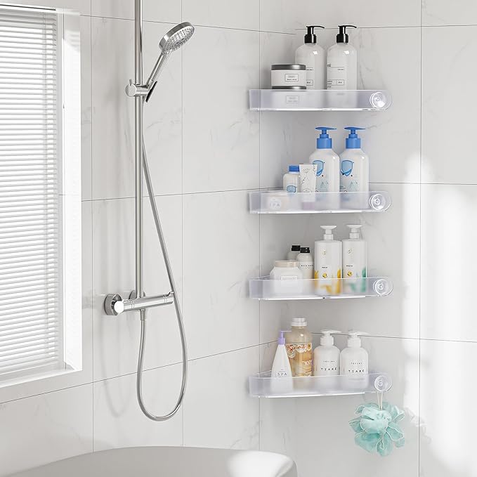 Sotfamily Shower Caddy Corner, 4 Pack Adhesive Corner Shower Shelves for Bathroom Organizers and Storage, Rust Free Plastic Rack for Bathroom Accessories & Decor, Crystal
