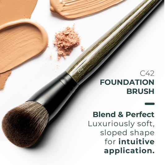 Rose and Ben Beauty C42 Foundation Brush & Setting Puff Bundle | Professional Makeup Tools for Flawless Liquid, Cream & Powder Application | Streak-Free Coverage & Precise Undereye Blending | Cruelty-