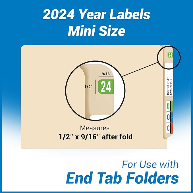 MINI 2024 Year Stickers, Doctor Stuff 2024 Chart Stickers, Light Green Color Coded, Tab 1287 Style, USA Made Year Labels for End Tab File Folders, 500/Roll, 1 Roll, 1/2" x 1-1/8"