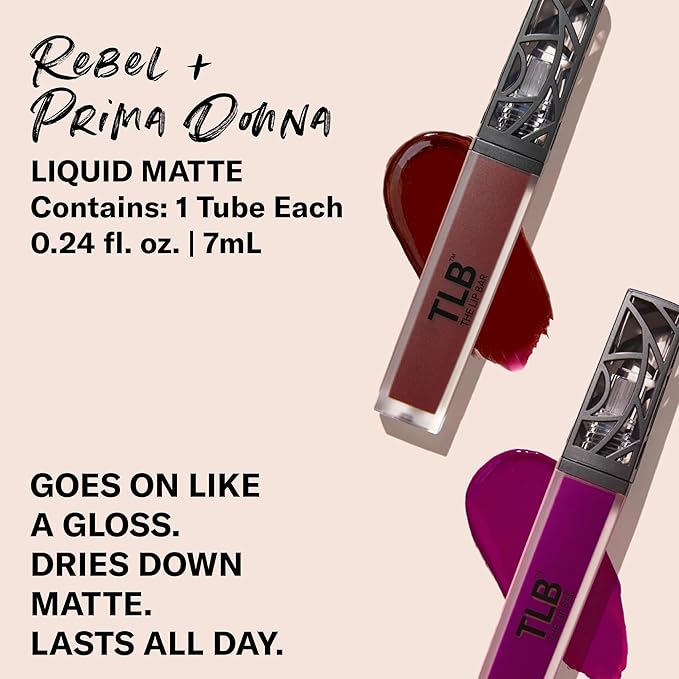 The Lip Bar - Nonstop Liquid Matte Lipstick Mini 2-Pack, Rebel (Deep Burgundy) + Prima Donna (Fuschia Purple) - High Pigment - One Swipe - Long Lasting - Jojoba Oil & Vitamin E - Vegan - .24 fl oz