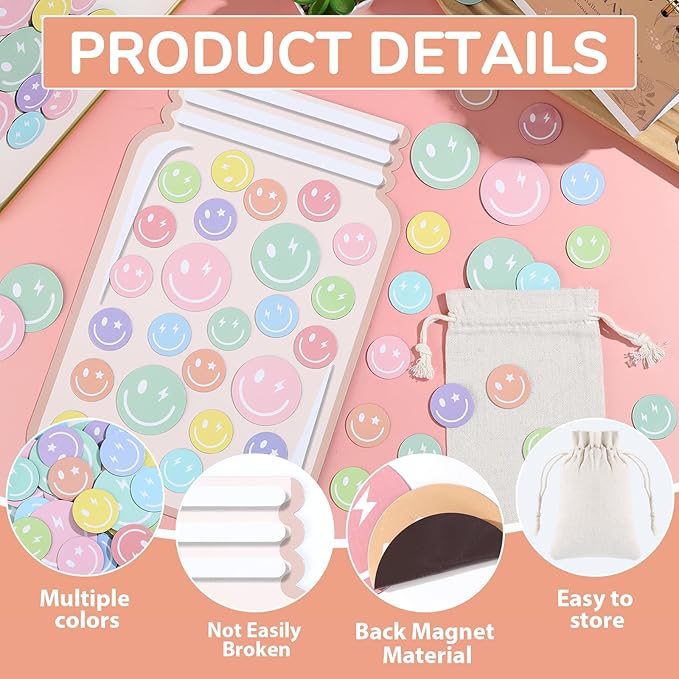 Magnetic Smile Face Reward Jar for Kids 68Pcs Pastel Smiley Faces 1 Storage Bag Reward Jars Behavior Management Classroom Tools Positive Behavior Chart for Students Teachers Back to School Supplies