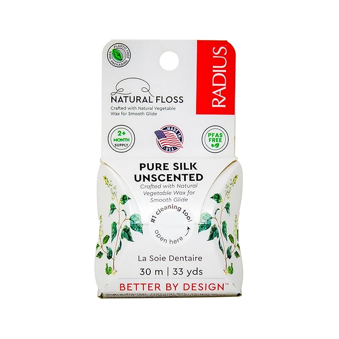 RADIUS Natural Unscented Silk Dental Floss 33 Yards Vegan & Non-Toxic Oral Care Boost & Designed to Help Fight Plaque Clear - Pack of 1
