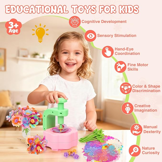 Fabric Flower Bouquets Toys, Arts and Crafts Activity Kit for Kids Ages 3-12, DIY Flower Craft Kits for Toddler, Educational Activity Preschool Birthday Gifts for 3 4 5 6 7 8 9 10+ Year Old Girls