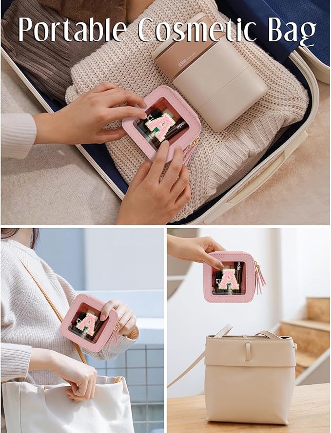 Christmas Gifts for Girls - Initial Clear Toiletry Bag, Small Cosmetic Bags for Girls with Zipper, Potable Mini Makeup Bag for Birthday, Graduation (Pink, A)
