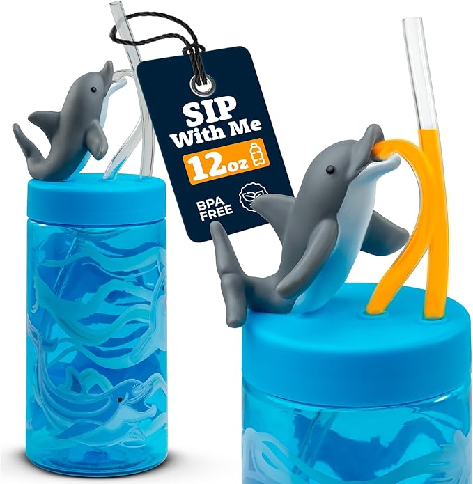 Kids Water Bottle, Toddler Cups, Tumbler with Lid and Straw, Travel Sippy Cup for Water or Milk, Kids Cups with Lids for Toddlers 3 and Up, BPA Free Plastic, 12 oz (Sealife Dolphin)
