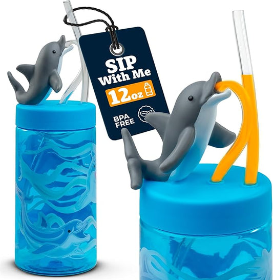Kids Water Bottle, Toddler Cups, Tumbler with Lid and Straw, Travel Sippy Cup for Water or Milk, Kids Cups with Lids for Toddlers 3 and Up, BPA Free Plastic, 12 oz (Sealife Dolphin)