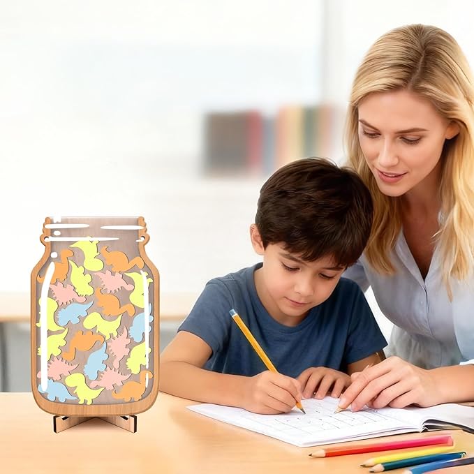 Little Dinosaur Reward Jars for Kids-Magnetic Reward System with Colorful Letter Stickers,Behavior Classroom Incentive Jar for Teachers Parents (Mason Jar with Stars, Kids Motivational Tool)