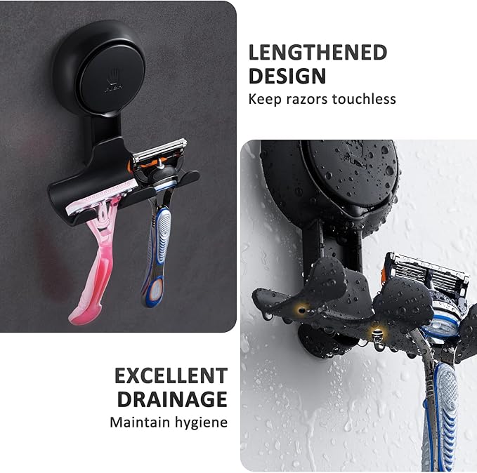 LEVERLOC Razor Holder for Shower 2 Pack, Powerful Vacuum Suction Cup Hook for Towel, Loofah, Razor, Squeegee, Damage-Free Wall Shower Hook, Shaver Holder for Bathroom, Easy to Install and Reuse, Black