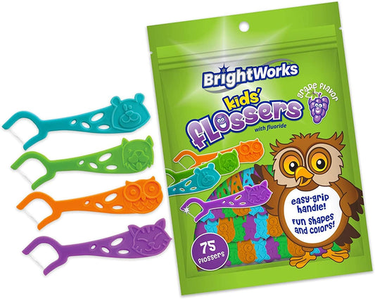 Kids’ Grape-Flavored Dental Flossers, Colorful Animals add Fun to Support Healthy Habits, Easy-Grip Handle and Fluoride-Coated Floss, Pack of 3 x 75 Pieces