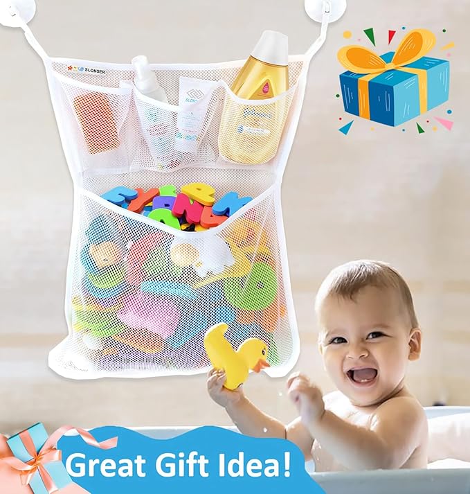 Bath Toy Holder 14x20 Inch, Mesh Bathtub Toy Storage Basket, Kids Bath Net, Tub Holder Bag, Toddler Shower Caddy Hanging Bucket Bin, Baby Bathroom Organizer with 2 Suction Cups, 2 Adhesive Wall Hooks