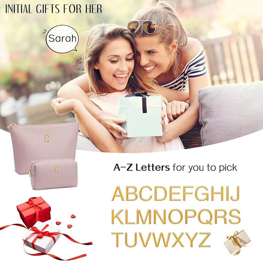 Women Gifts | Initial Makeup Bag Set for Girl Personalized Gifts for Bridesmaid Friend Graduation Teachers PU Leather Cosmetic Travel Toiletry Bag(Pink,I)