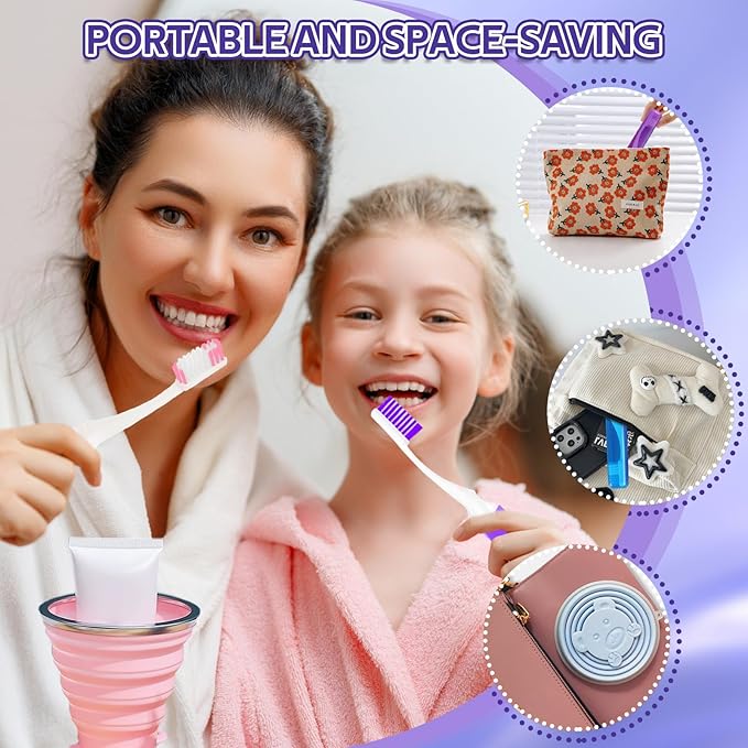 Toothbrush Travel Case, Travel Toothbrush Silicone Collapsible Toothbrush Cup, Travel Toothbrush Set Suitable for Business Camping Travel or Daily Use (Purple)