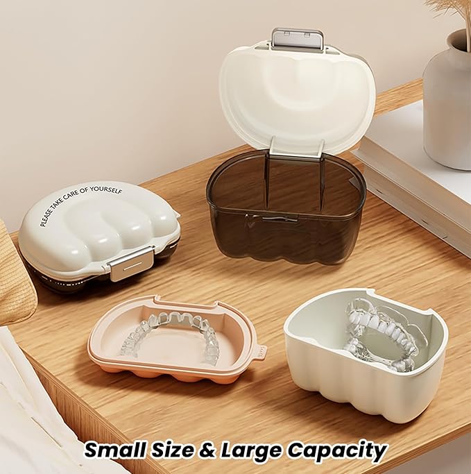 AARAINBOW Retainer Cleaner Case, Leak Proof Denture Bath Box with Strainer Basket, 2 in 1 Denture Container for Travel, Braces Storage Bath Box Mouth Guard Cleaning Denture Holder (D White)