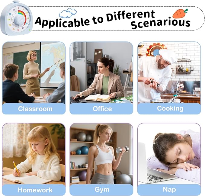 Visual Timer for Kids, Rechargeable Timer for Classroom Office Kitchen with 'Rainbow' Pattern Design, 60min/12h Silent Countdown Timers, Pomodoro Timers Management Tool for Toddler ADHD