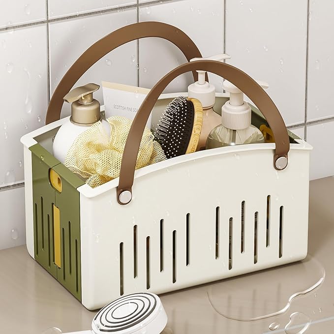 Delamu Portable Shower Basket Caddy with Double Handle Foldable Dry Wet Separation Design 11.0 × 7.1 × 6.5in, Travel, Camping, Gym, College Bathroom Tote, WhiteGreen, Ideal Christmas Gifts for Girls